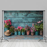 Aperturee - Aperturee Rural Retro Teal Wooden Wall Potted Plant Backdrop
